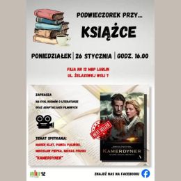 Plakat promujący spotkanie z cyklu "Podwieczorek przy książce", filmowa okładka książki "Kamerdyner"