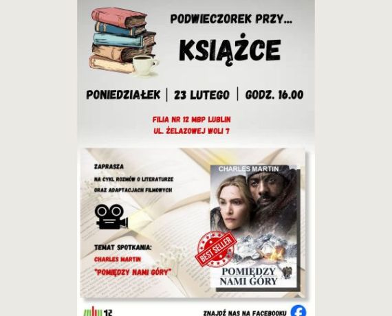 Plakat promujący spotkanie - okładka książki z Kate Winslet i idrisem Elbą