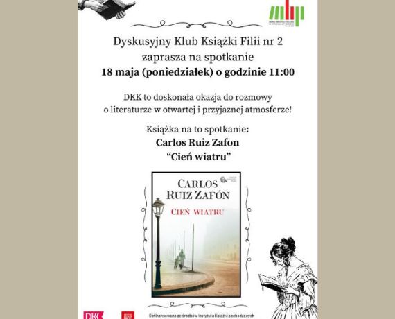 Plakat promujący spotkanie DKK - w centrum okładka powieści 