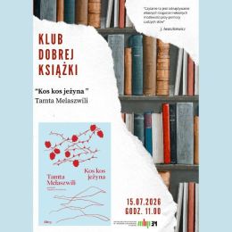 Plakat Klubu Dobrej Książki - błękitno-czerwona okładka książki "Kos kos jeżyna"