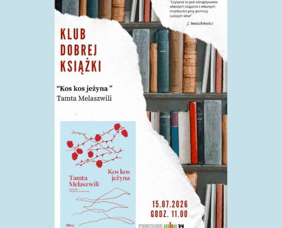 Plakat Klubu Dobrej Książki - błękitno-czerwona okładka książki 