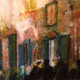 Fragment obrazu przedstawiający kamienicę z oknami