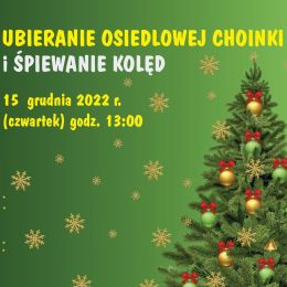 Na zielonym tle ubrana choinka i zółte napisy