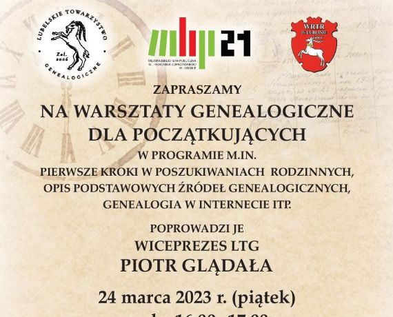 Na beżowym tla napisy zapraszające na  warsztaty genealogiczne
