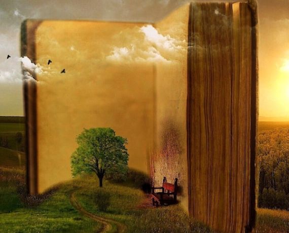 Grafika ilustracyjna z nadnaturalnych rozmiarów książką wkomponowaną w pejzaż