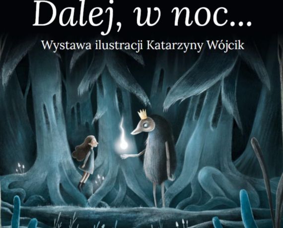 Na ciemnym tle bajkowe postacie w lesie