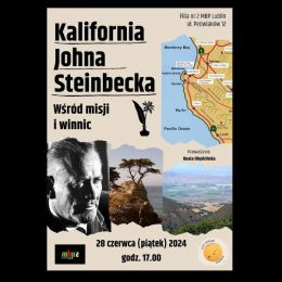 Plakat promujący spotkanie poświęcone Monterey County - kolaż zdjęć i mapa 