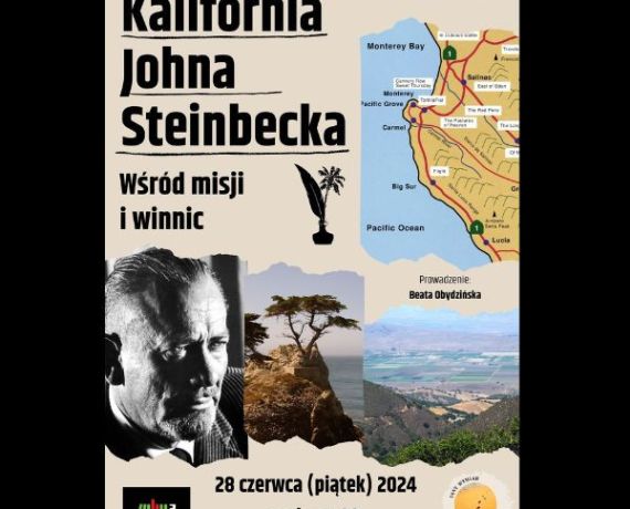 Plakat promujący spotkanie poświęcone Monterey County - kolaż zdjęć i mapa 