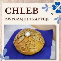 Grafika przedstawiająca tradycyjny chleb weselny, nad nią tytuł: "Chleb - zwyczaje i tradycje"