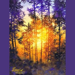 Obraz Katarzyny Kmiecik przedstawiający drzewa na tle zachodzącego słońca