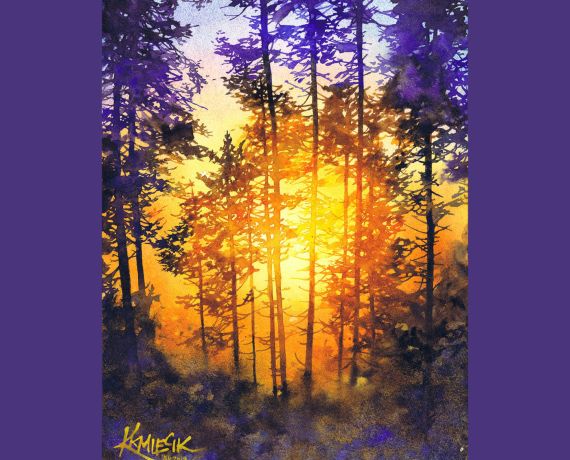 Obraz Katarzyny Kmiecik przedstawiający drzewa na tle zachodzącego słońca