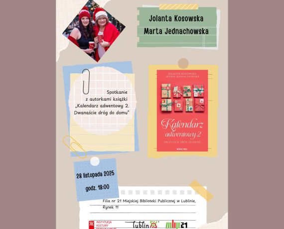 Kolorowy plakat w formie kolażu promujący spotkanie autorskie