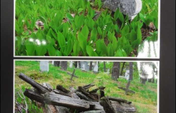 Zdjęcie na górze: fragment kamiennego krzyża otoczonego przez konwalie, zdjęcie na dole: stos starych drewnianych elementów.