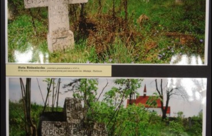 Zdjęcie na górze: kamienny krzyż, w tle ruiny cerkwi, zdjęcie na dole: kamienny krzyż na tle zieleni.