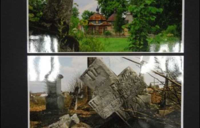 Zdjęcie na górze: kamienny krzyż, w tle cerkiew, zdjęcie na dole: zniszczone kamienne nagrobki.